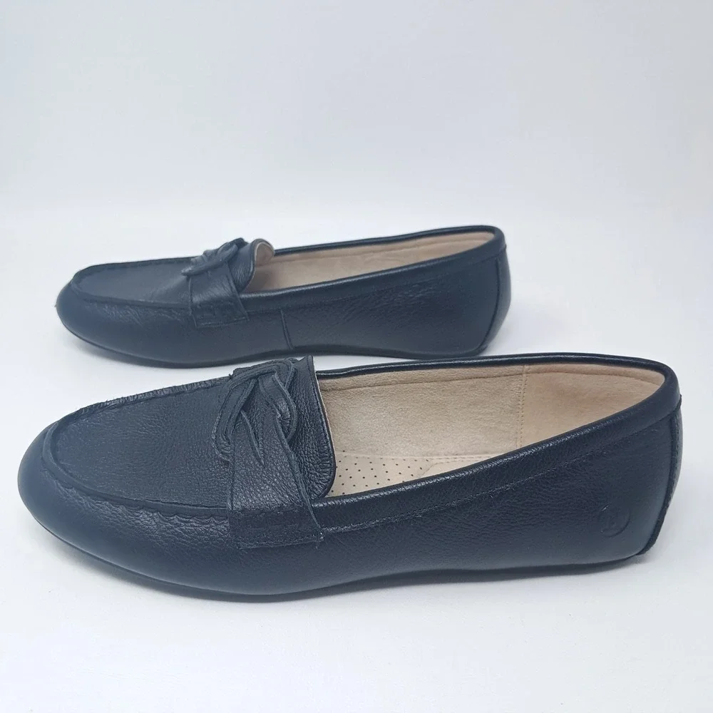Lands' End Womens Leather Loafers Navy 8.5 B Classic‎ Preppy Slip-On Shoe